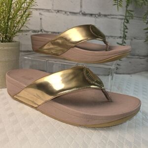 FITFLOP WOMENS WEDGE SLIDE SANDALS DEMELZA LOGO MIRROR GOLD BLUSH SOLE 8